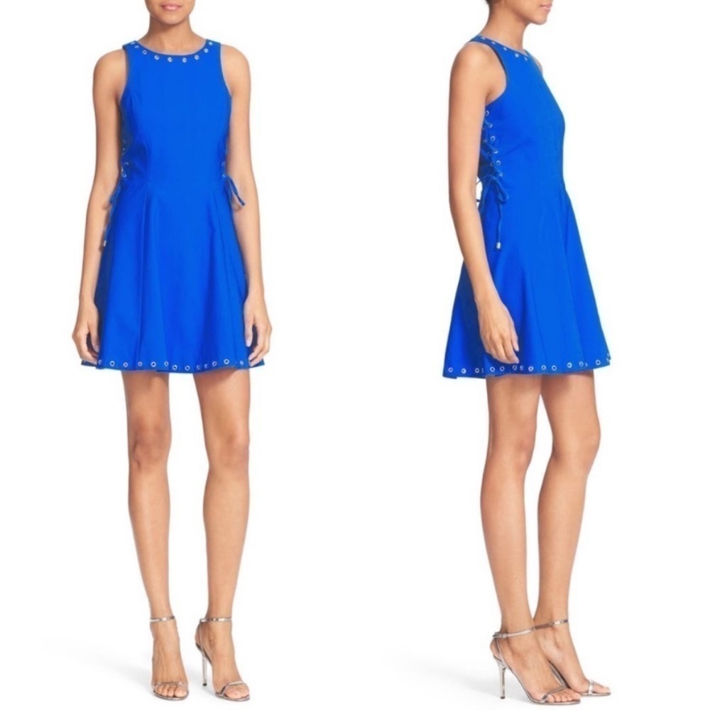 Parker Flynn Cobalt Blue Grommet Lace-Up Fit Flare Mini Dress S Cocktail Party